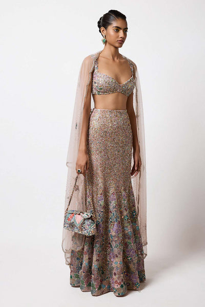 Woman wearing Aisha Rao pink shimmer tulle fish cut outfit