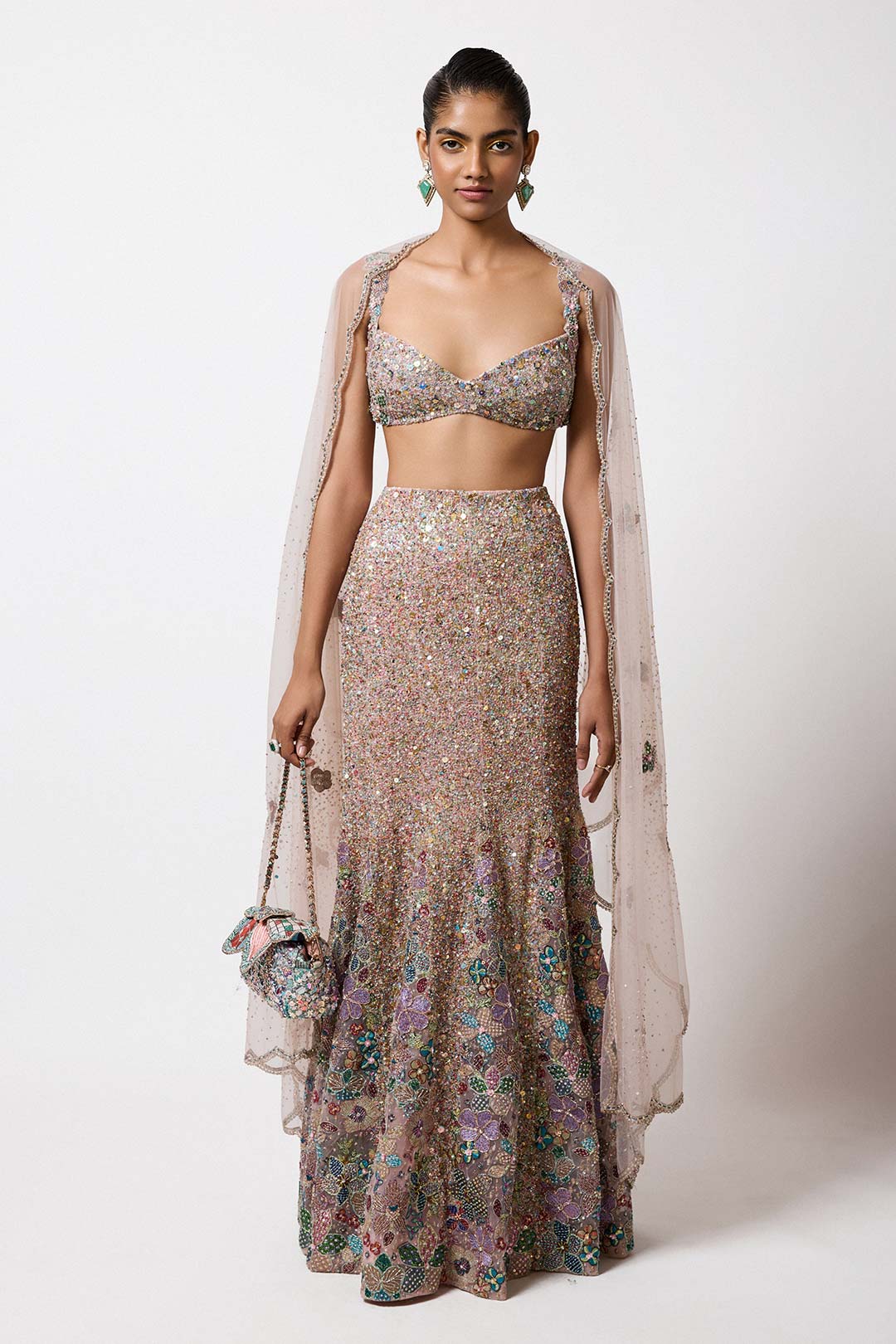 Woman wearing Aisha Rao Matilda Pink Shimmer Applique Embellished Tulle Net Fish