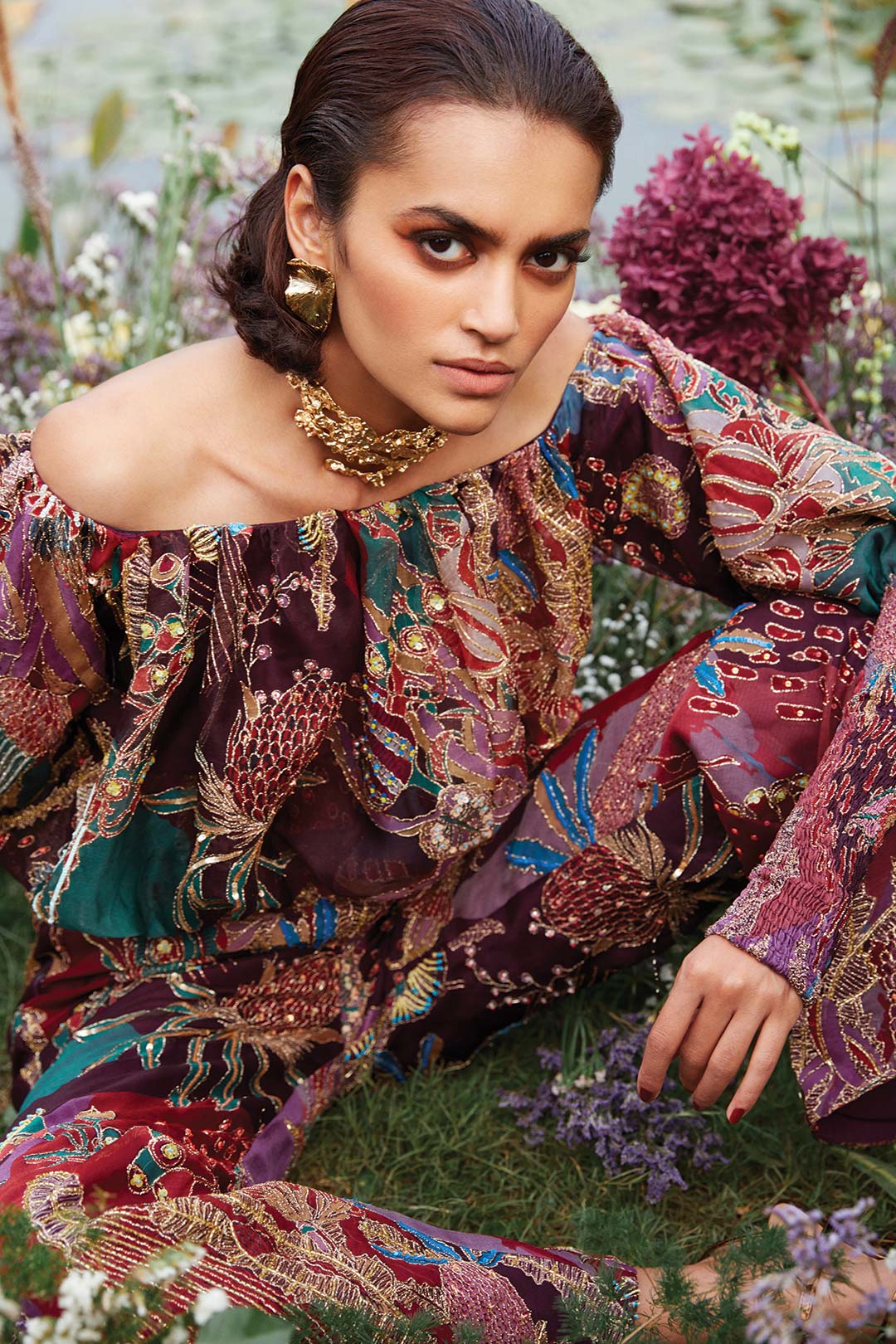 Plum organza jumpsuit by Aisha Rao right-side full view