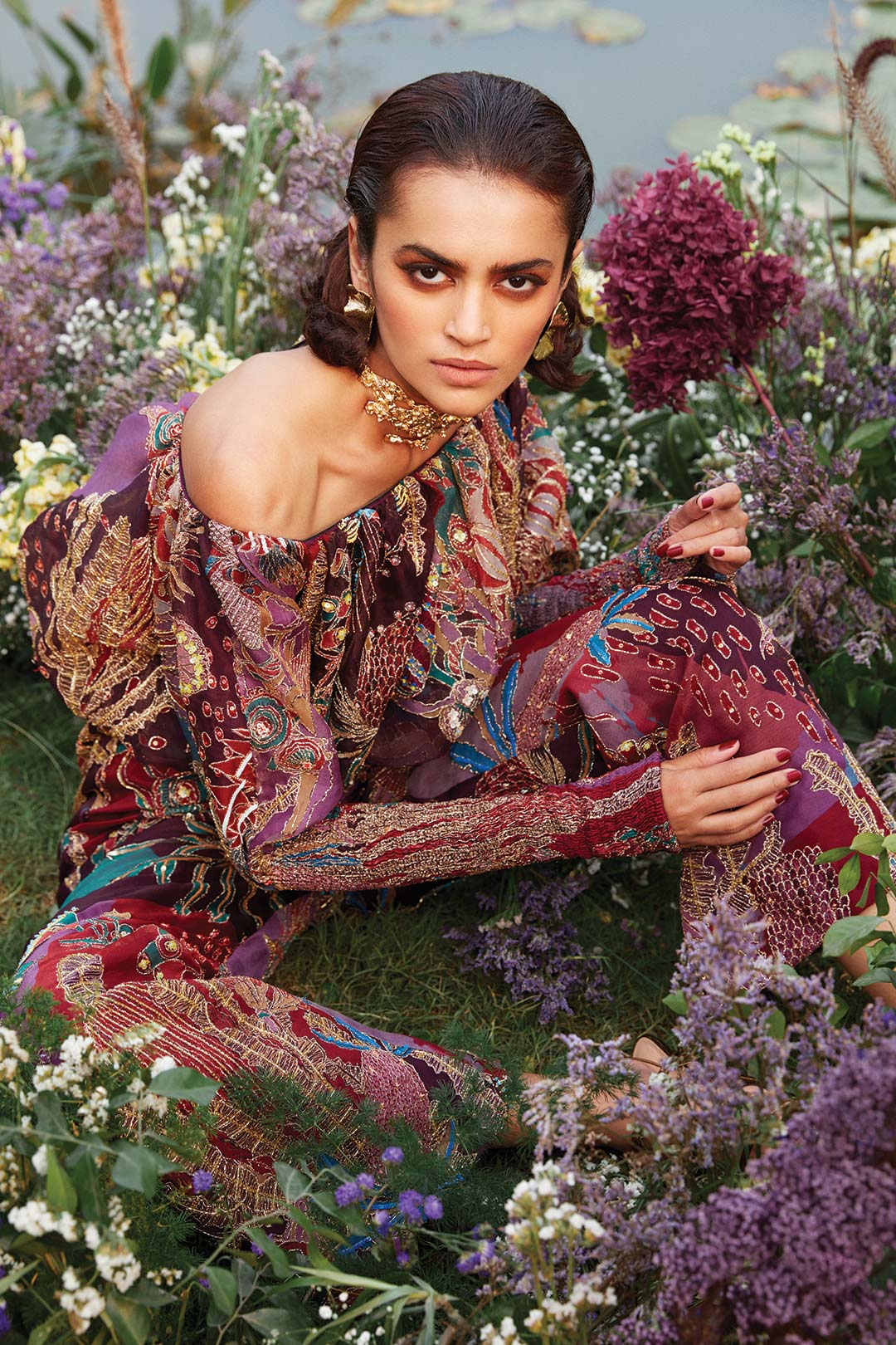 Right shoulder and bodice close-up of Aisha Rao plum jumpsuit
