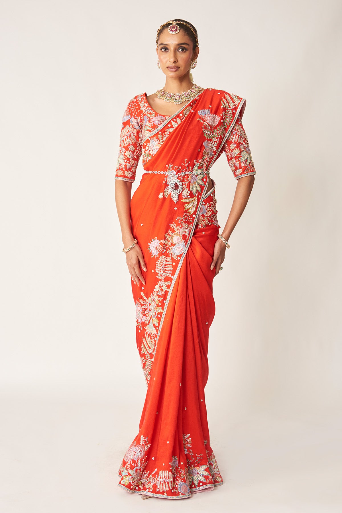 Woman wearing Matilda red embellished dupion silk saree
