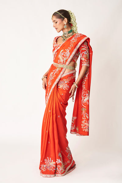 Side angle of red embellished saree with blouse