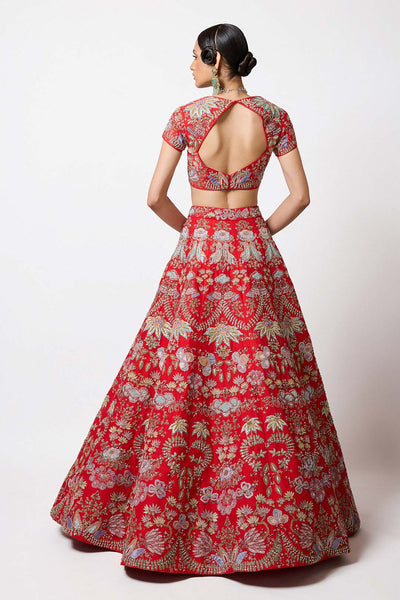 Rear view of Aisha Rao red lehenga and blouse in raw silk