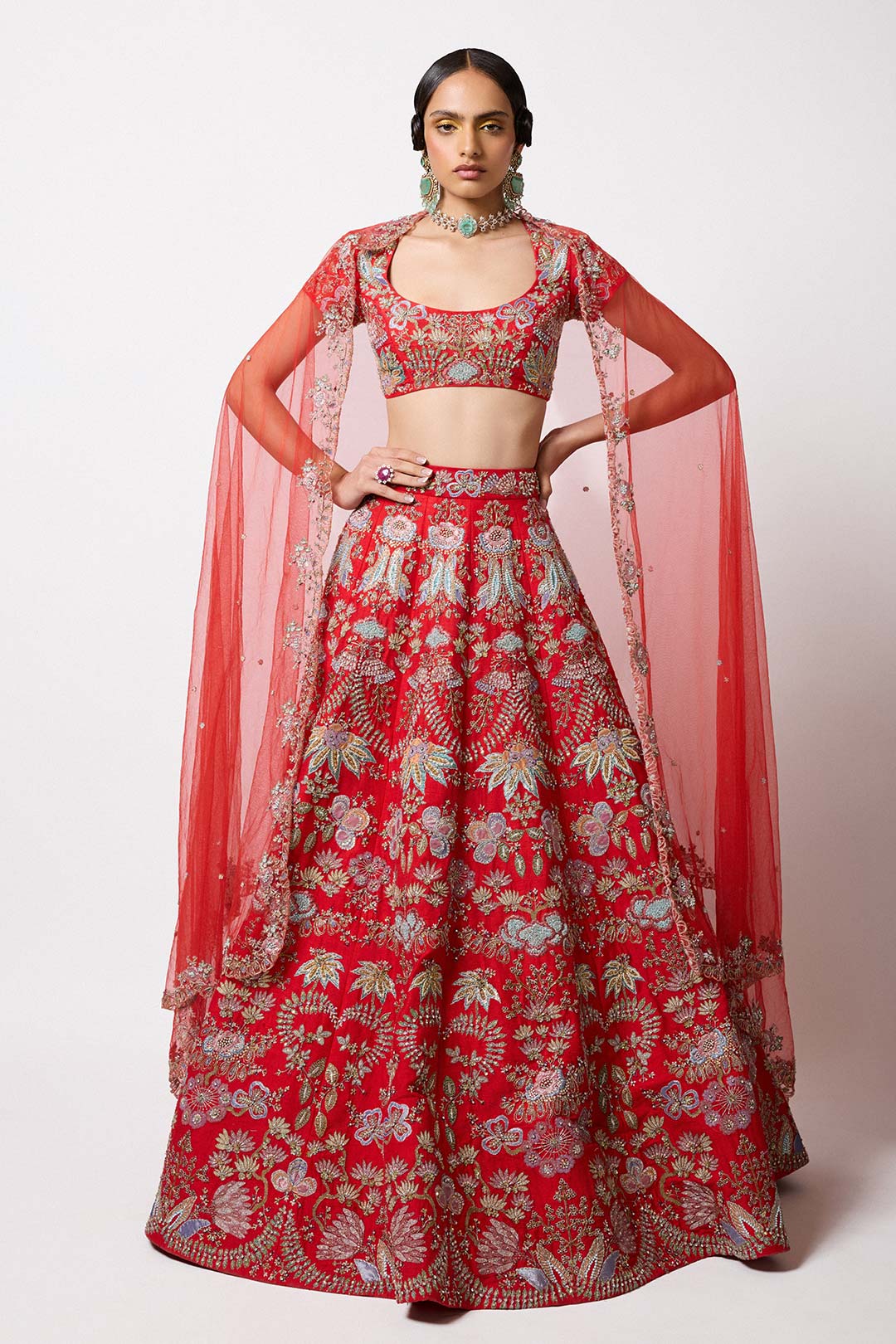 Woman wearing Aisha Rao Red Applique Embellished Raw Silk Hk Lehenga With Blouse