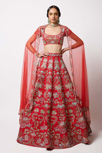 Woman wearing Aisha Rao Red Applique Embellished Raw Silk Hk Lehenga With Blouse