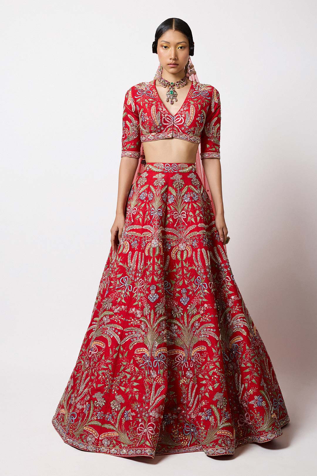 Woman wearing Aisha Rao Red Applique Embellished Raw Silk With Bow Hk Lehenga With
