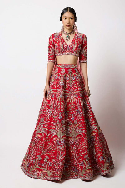 Woman wearing Aisha Rao Red Applique Embellished Raw Silk With Bow Hk Lehenga With