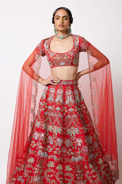 Model in red HK lehenga with embroidery full front angle