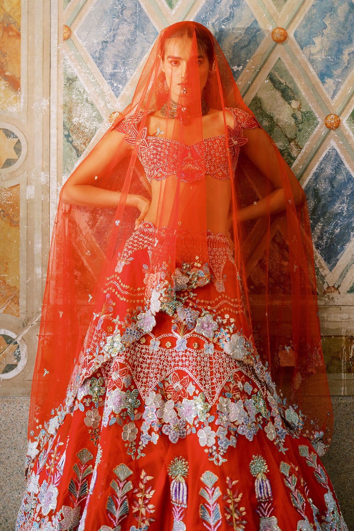 Aisha Rao embroidered red lehenga set styled front-on