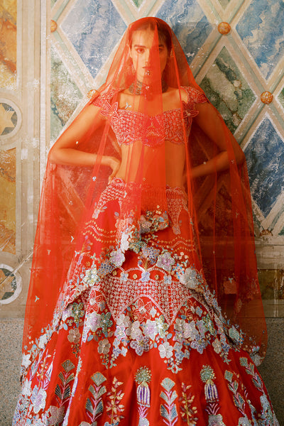 Aisha Rao embroidered red lehenga set styled front-on