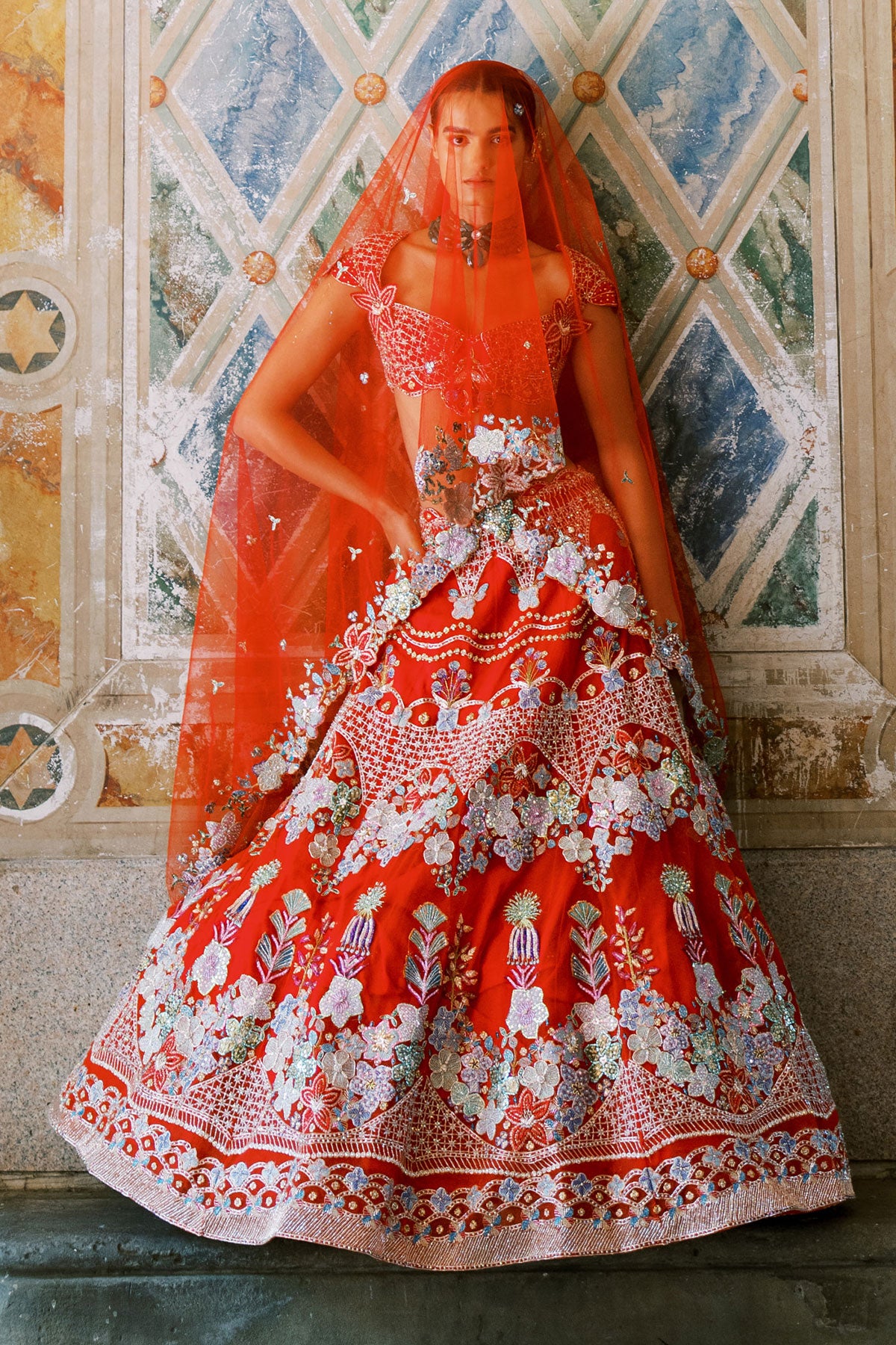 Aisha Rao Matilda lehenga in Rosso Corsa red, front view
