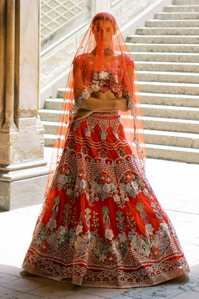 Close-up of bow and embroidery at lehenga back waist