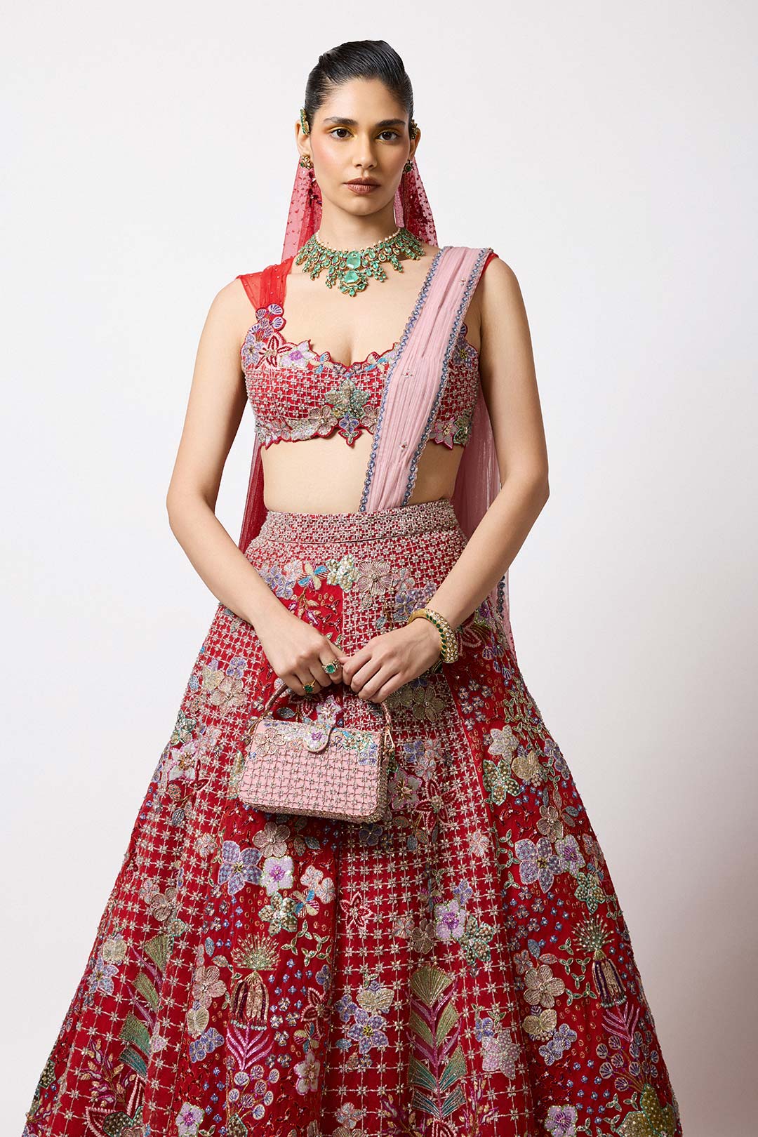 Red embellished lehenga with 3D details right angle view