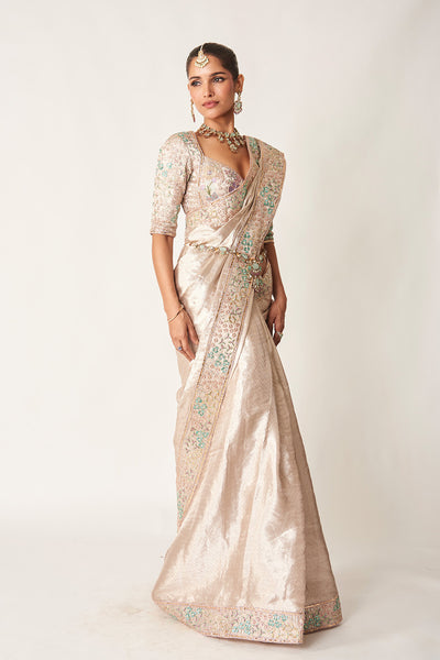 Right profile of rose champagne blouse and saree