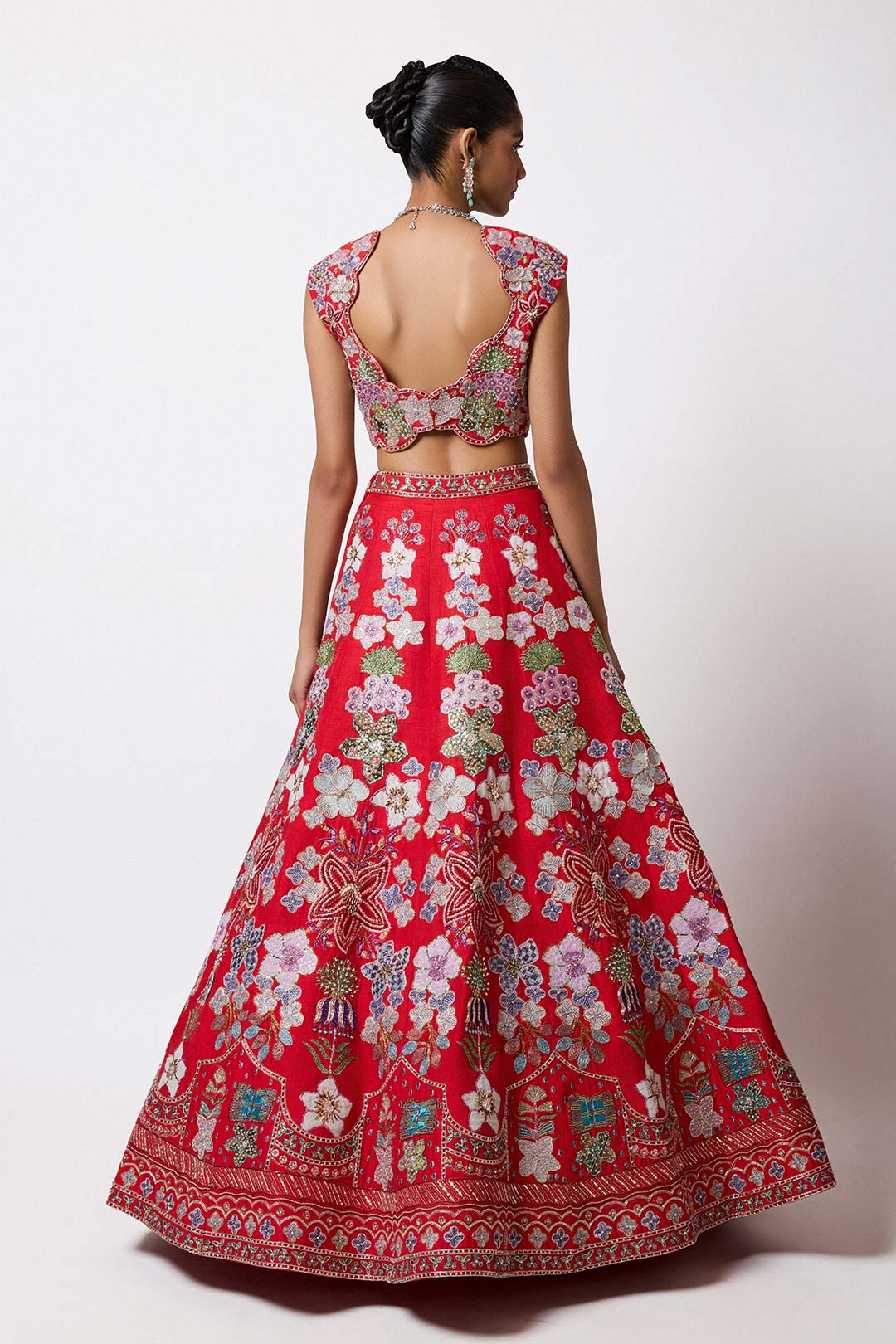 Embroidery and HK finish close-up Rosso Corsa lehenga