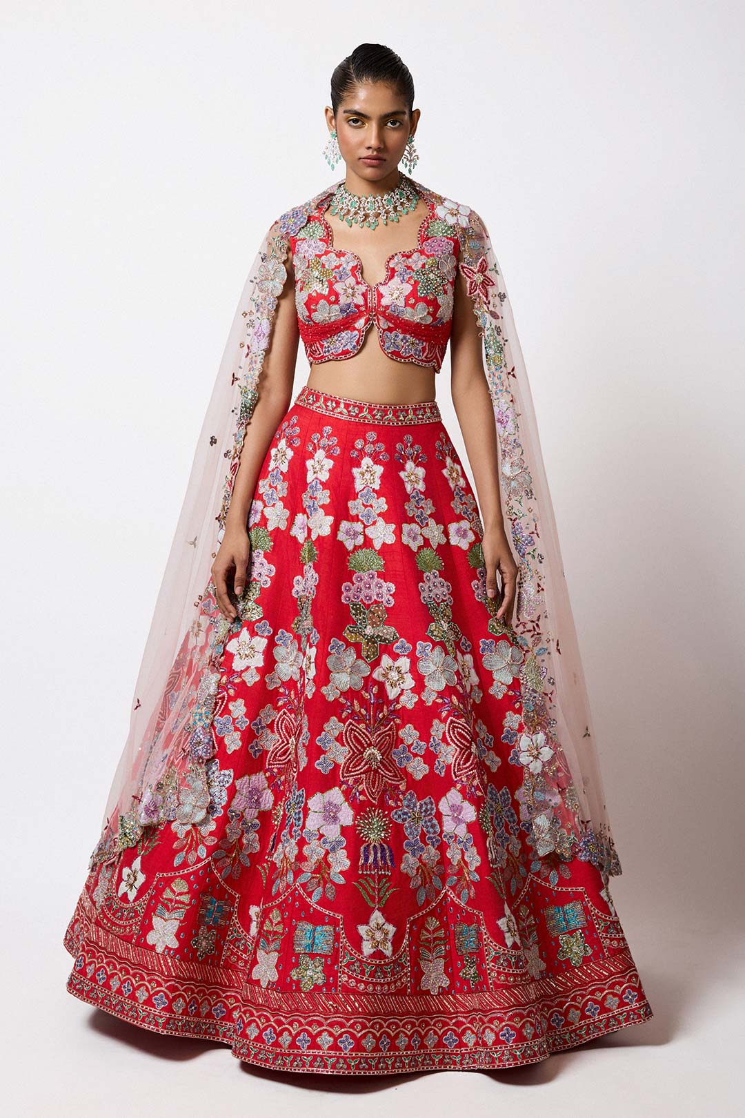 Woman wearing Aisha Rao Matilda Rosso Corsa Red Applique Embellished Raw Silk Hk