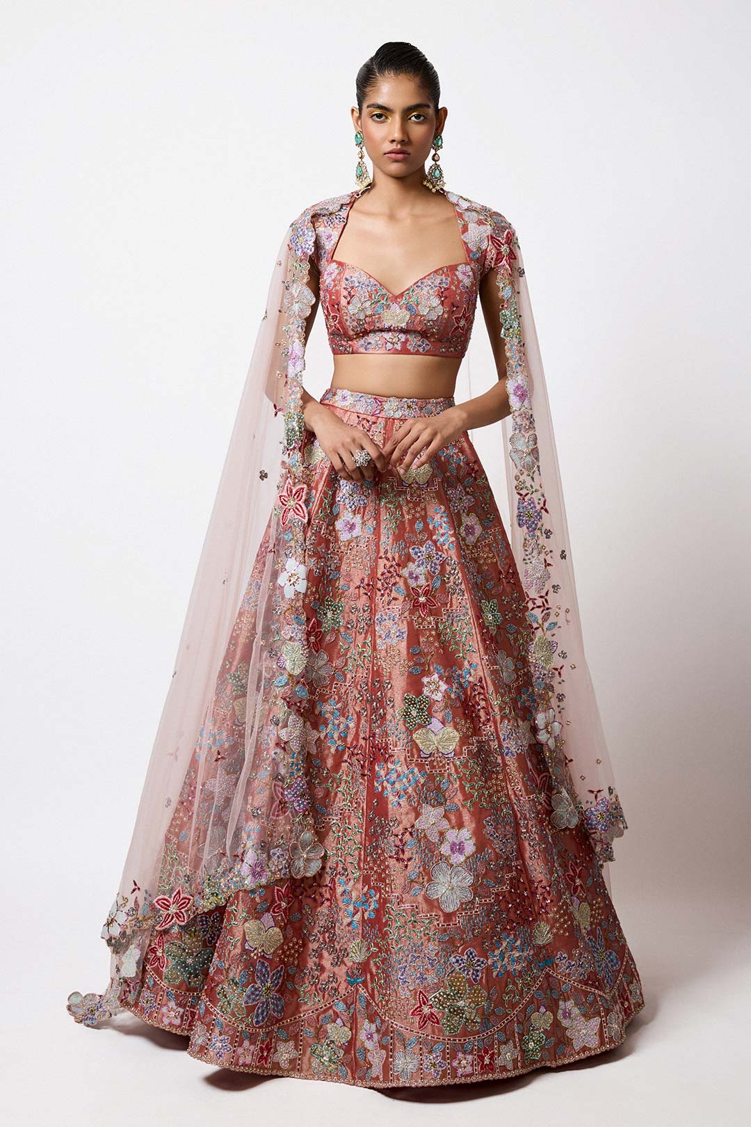 Woman wearing Aisha Rao Matilda Rust Red Applique Embellished Tissue Hk Border With