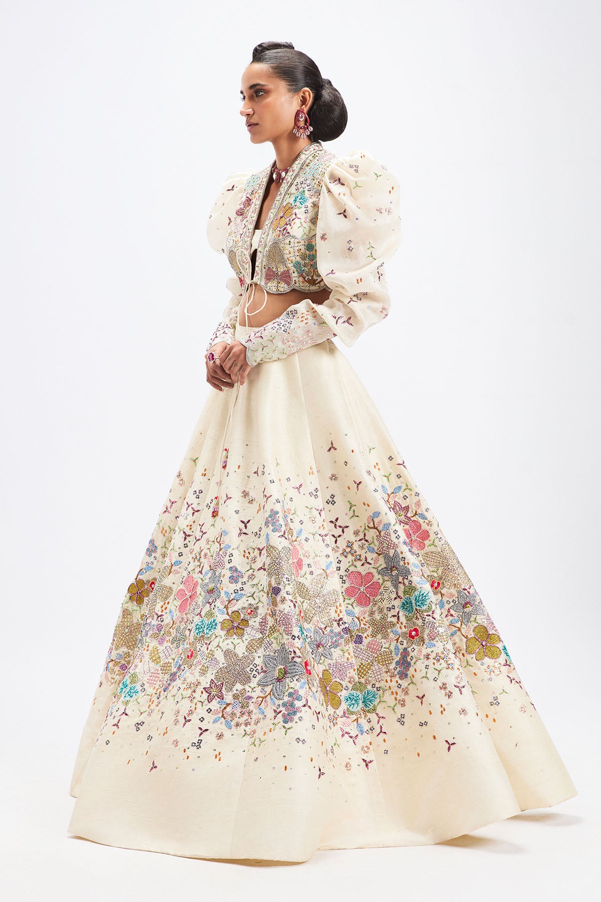 Aisha Rao lehenga side profile with organza sleeve jacket