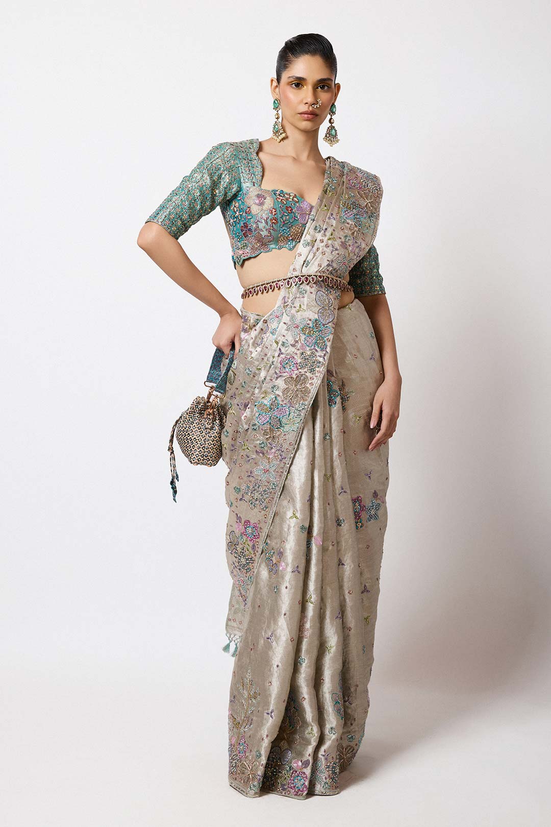Woman wearing Aisha Rao Matilda Silver Applique Embellished Banarasi Tissue Brocade