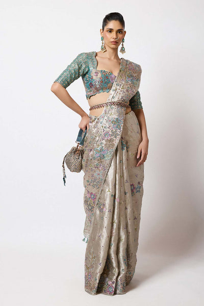 Woman wearing Aisha Rao Matilda Silver Applique Embellished Banarasi Tissue Brocade