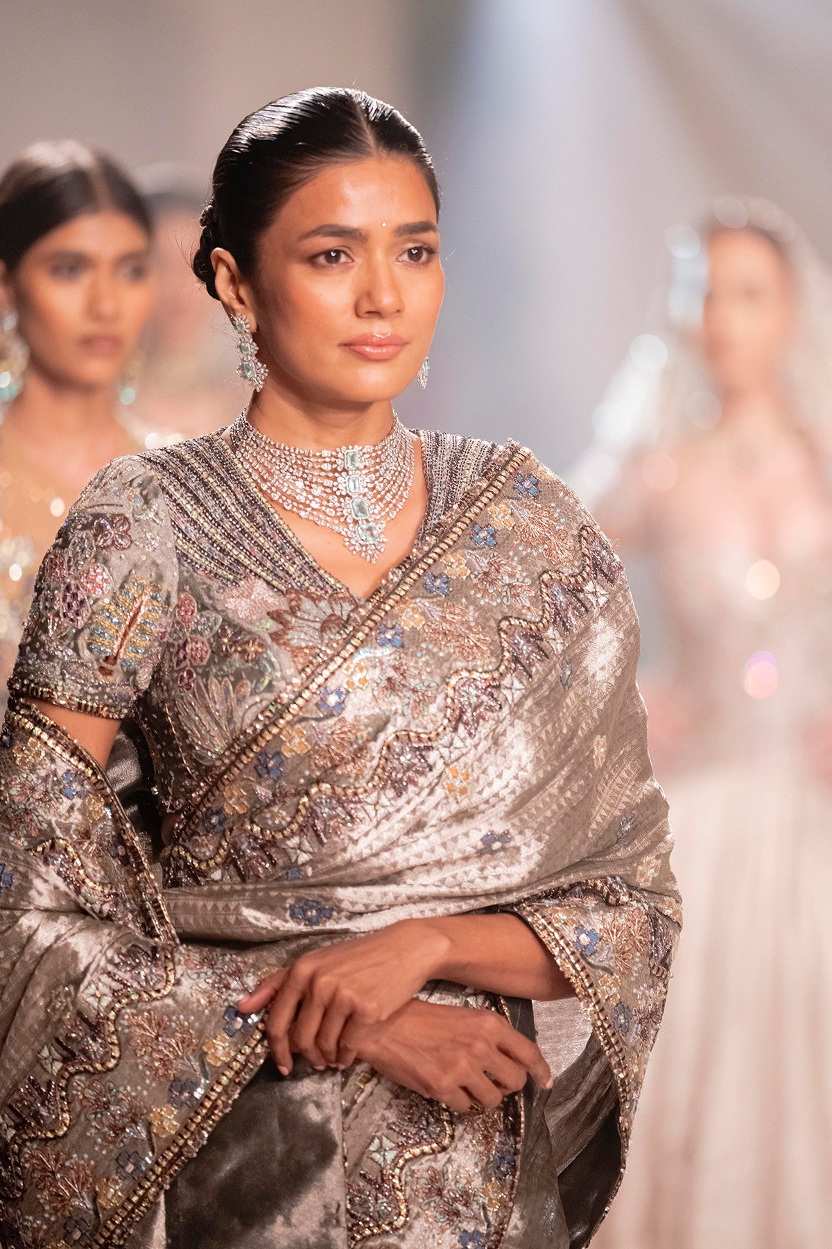 “Flowing pallu shot of the Wild At Heart silver Banarasi tissue saree.”