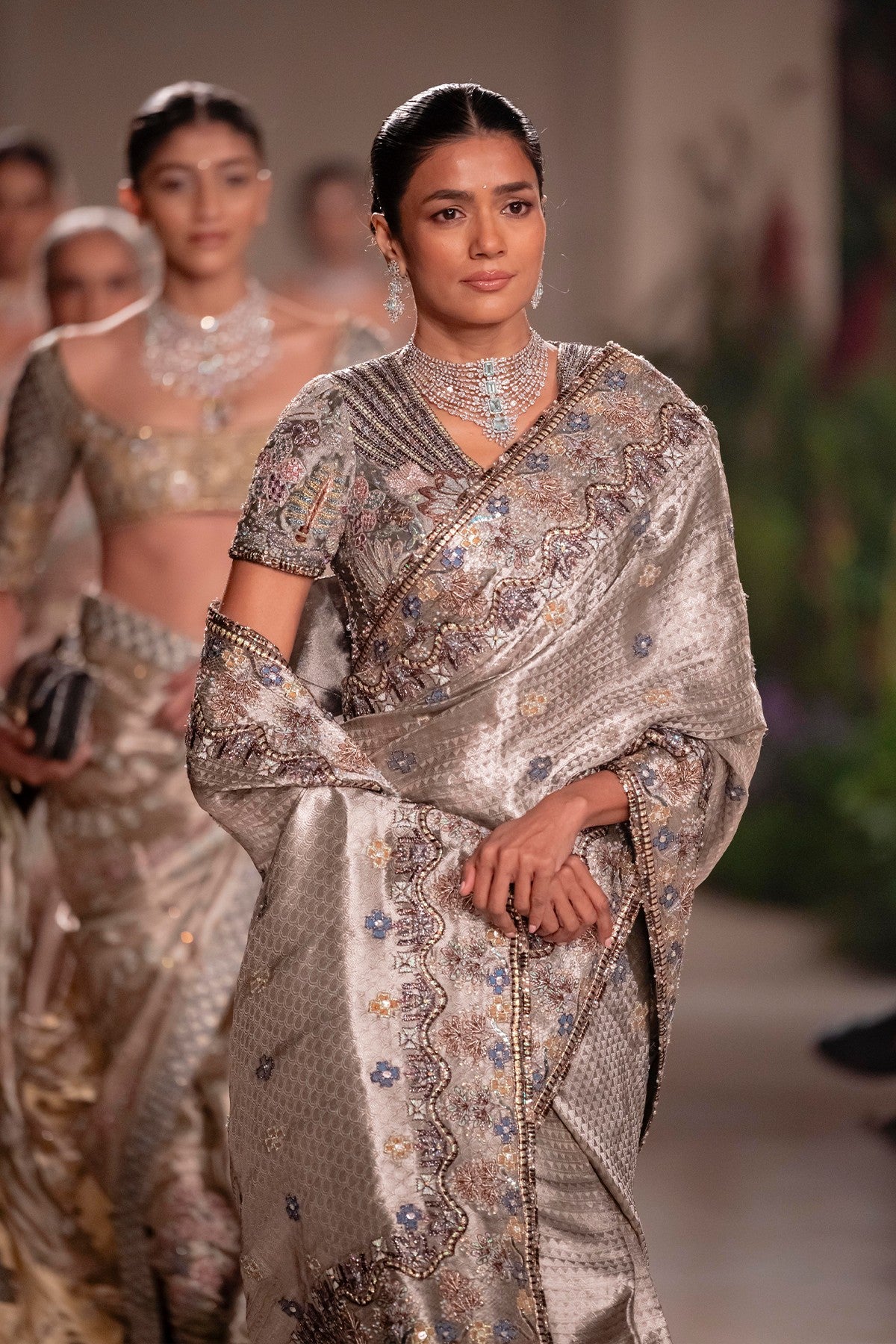 “Styled look of the Wild At Heart silver Banarasi tissue brocade saree with modern draping.”