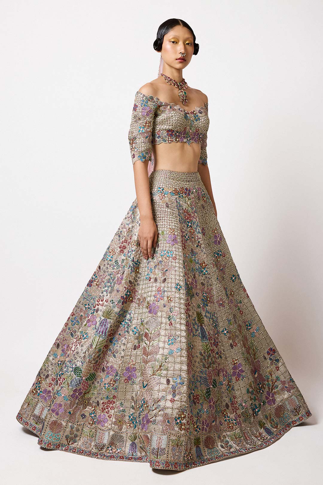 Silver gold applique embellished Banarasi set front view