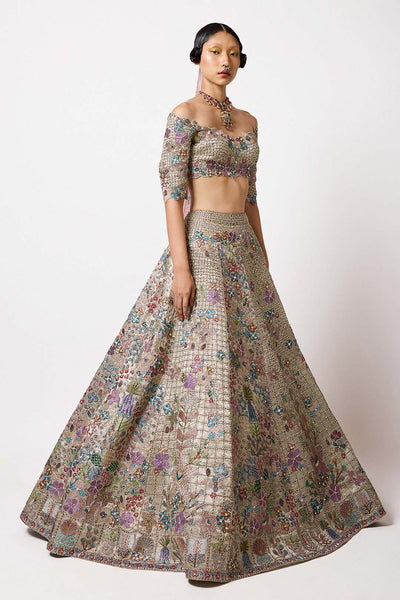 Silver gold applique embellished Banarasi set front view