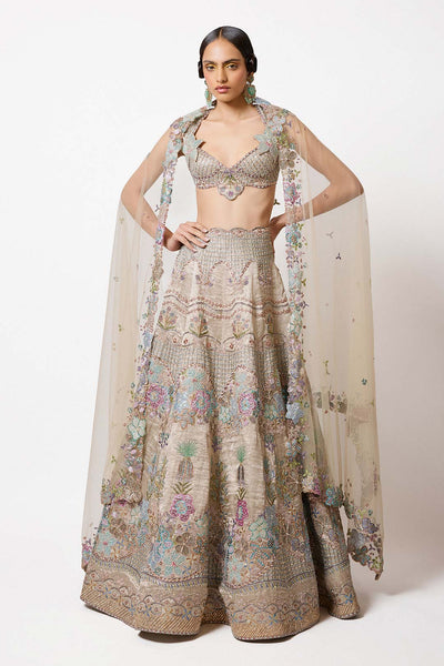 Woman wearing Aisha Rao Matilda Silver - Grey Applique Embellished Banarasi Tissue
