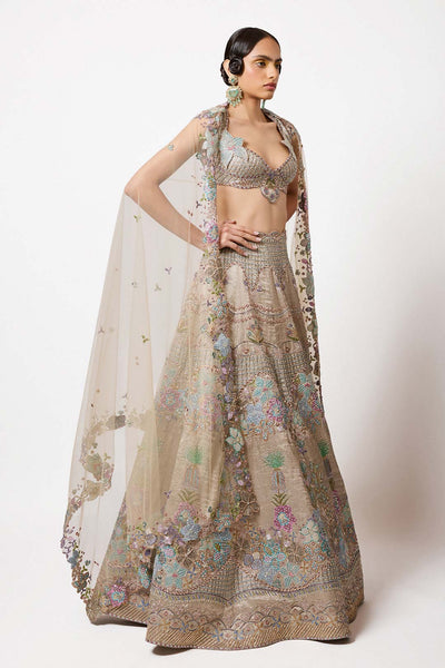 Woman wearing Aisha Rao silver grey Banarasi tissue outfit