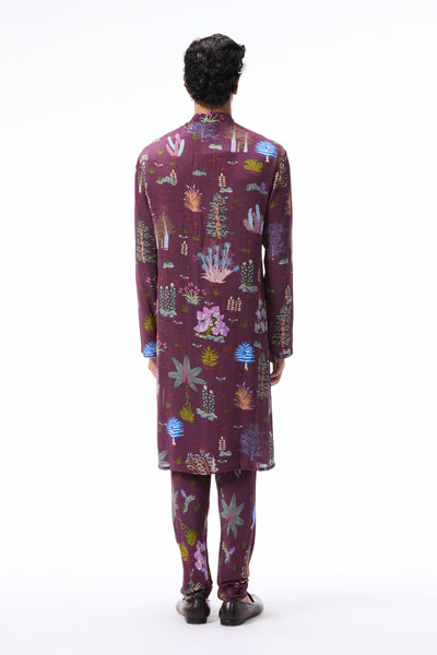 Back profile of the teakberry printed mulberry crepe kurta paired with coordinating pants.
