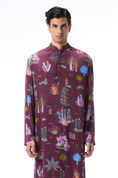 Wild At Heart teakberry printed mulberry crepe kurta shown in a full front view paired with matching pants.