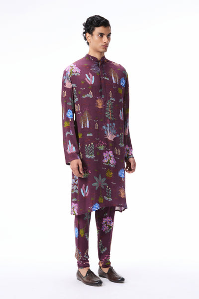 Side angle view of the teakberry printed mulberry crepe kurta highlighting its silhouette and print.
