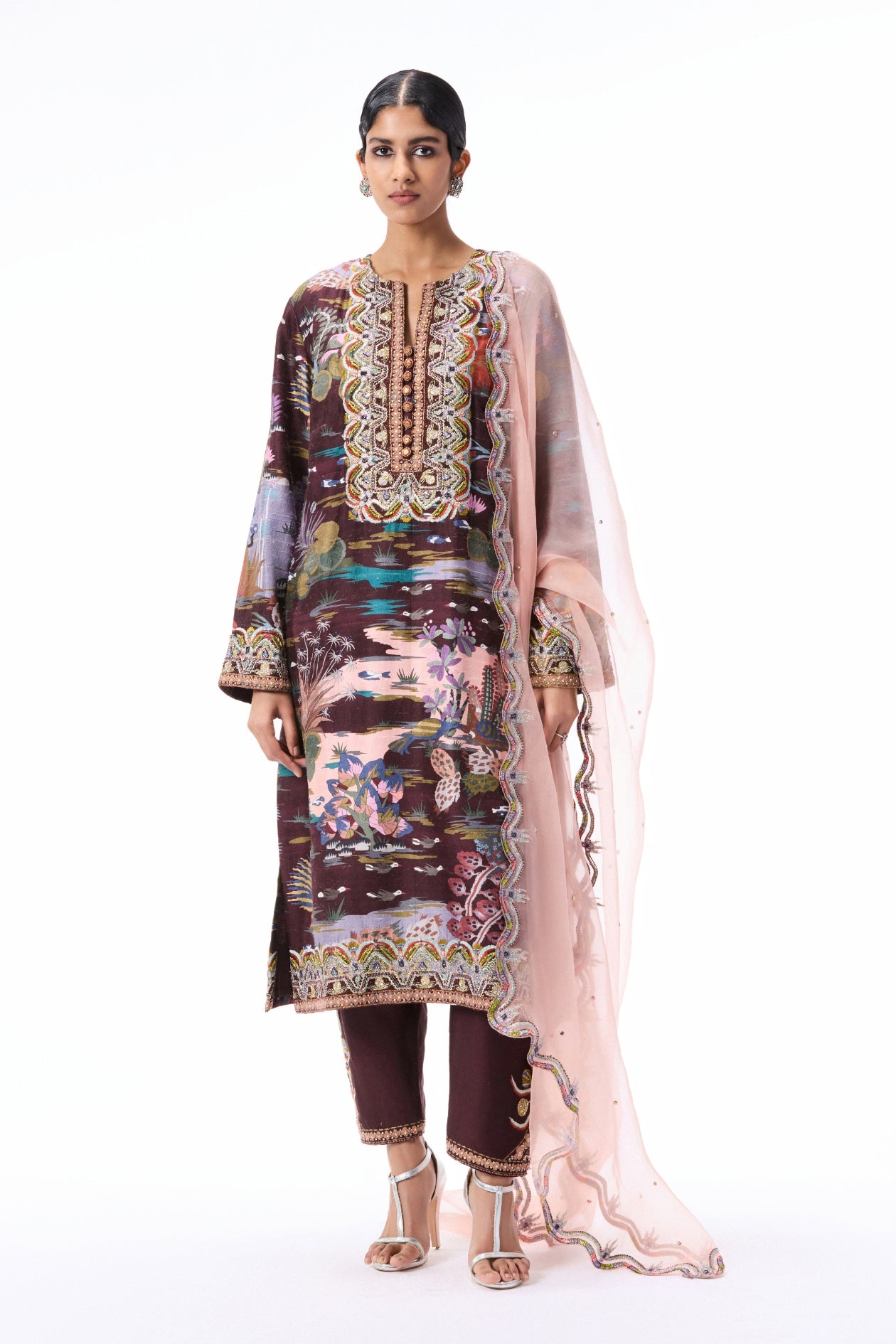 Full look of the Wild At Heart teakberry printed applique embellished raw silk kurta set.