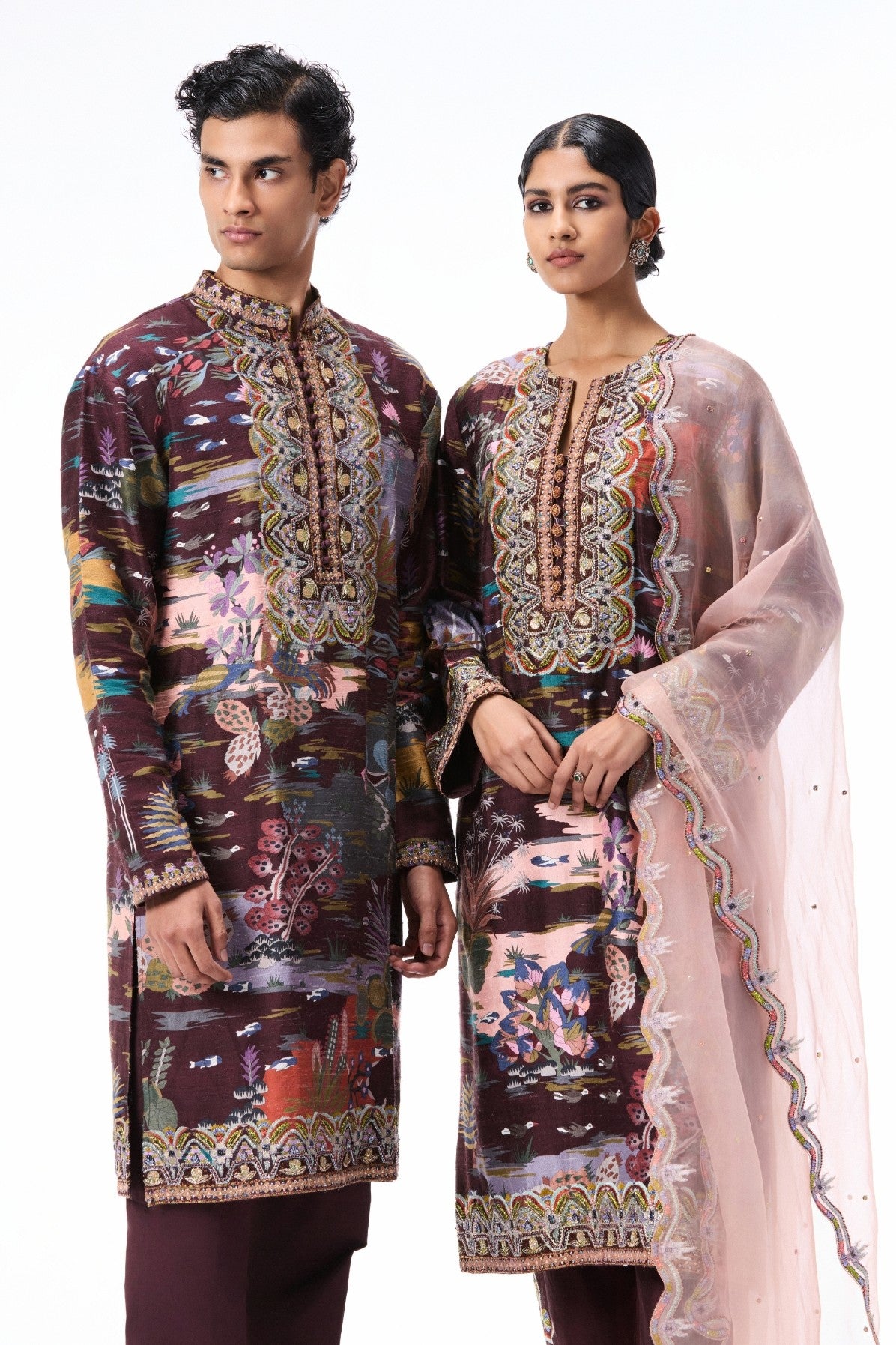 Detail shot of the chanderi silk pants styled with the printed raw silk kurta.