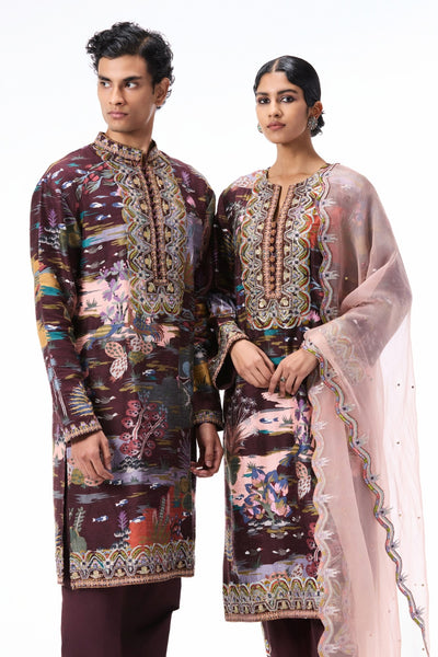 Detail shot of the chanderi silk pants styled with the printed raw silk kurta.