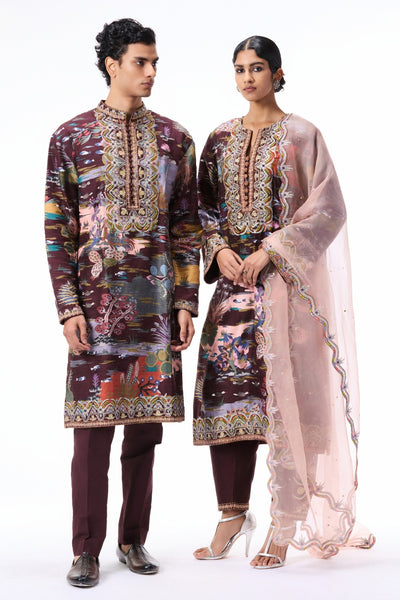 Roselure teakberry printed raw silk kurta