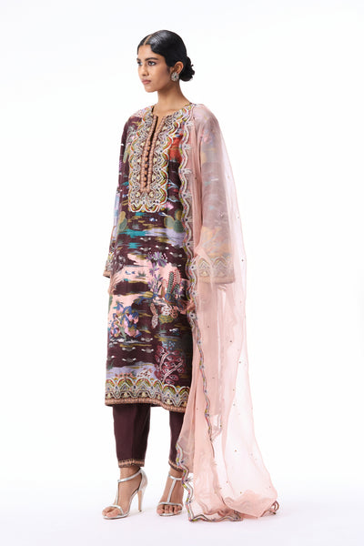 Styled look of the teakberry printed raw silk kurta with chanderi pants and organza dupatta.