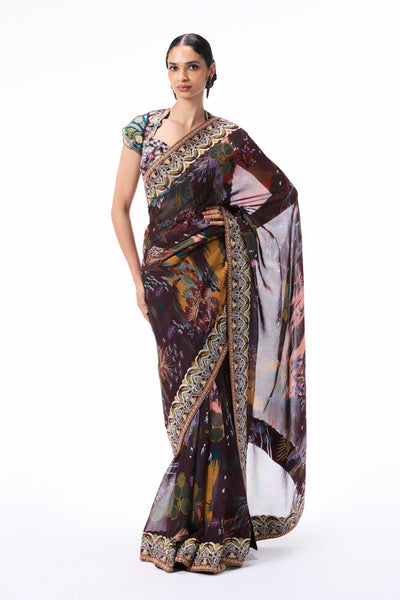 Moonveil - teakberry printed viscose organza saree