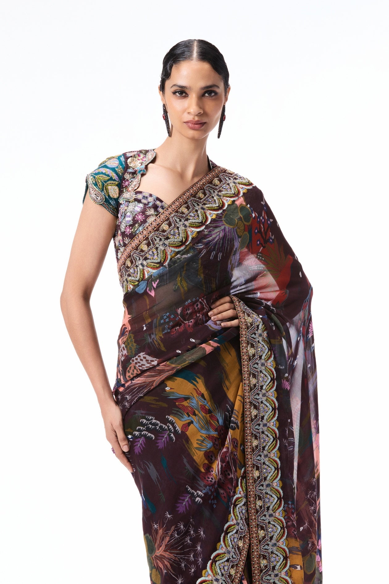 Moonveil - teakberry printed viscose organza saree