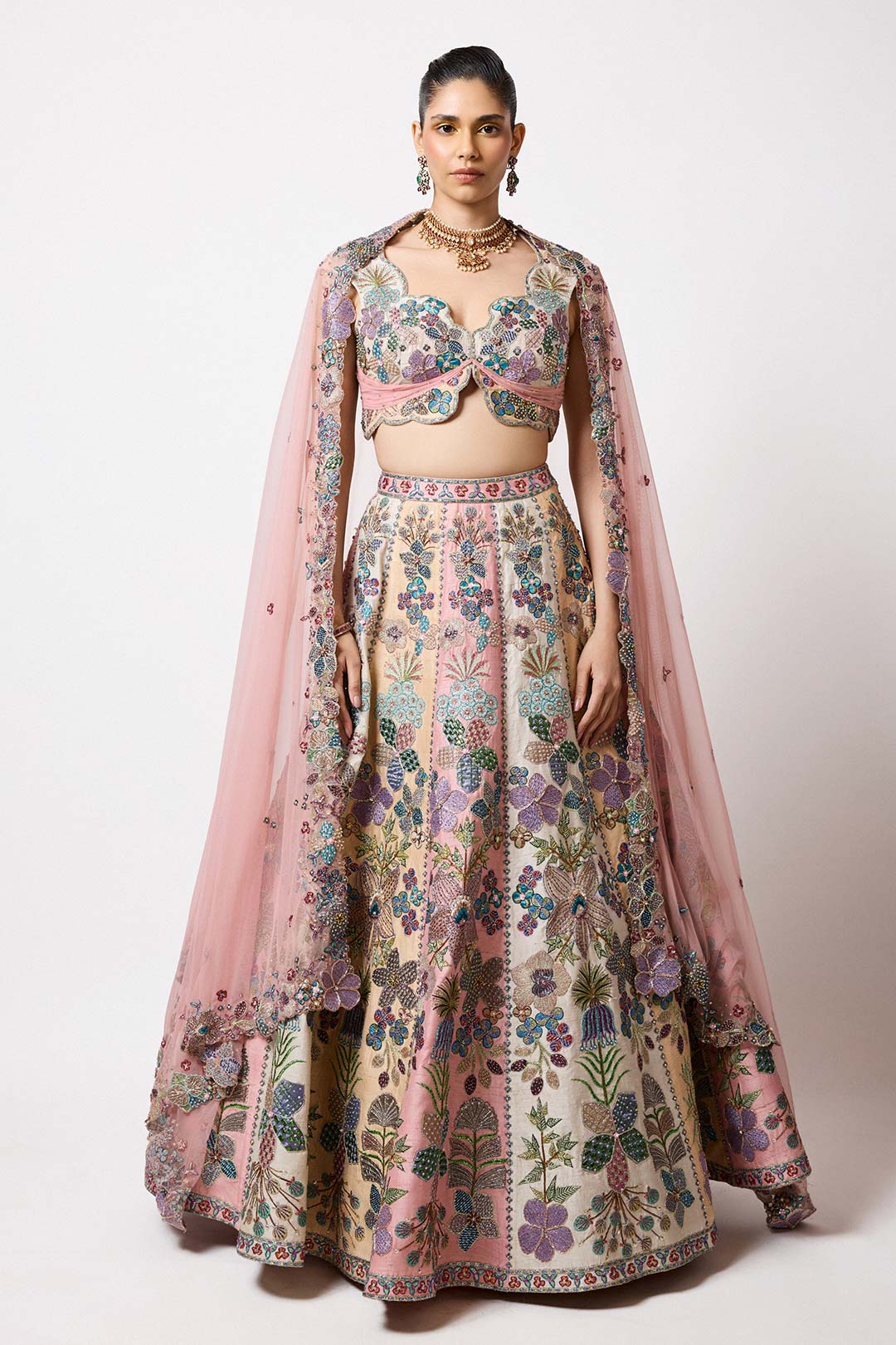 Woman wearing Aisha Rao Matilda Tricolour Applique Embellished Raw Silk Hk Lehenga