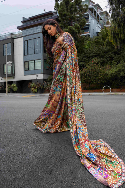 Sundream - teakberry mustard sequin georgette draped saree