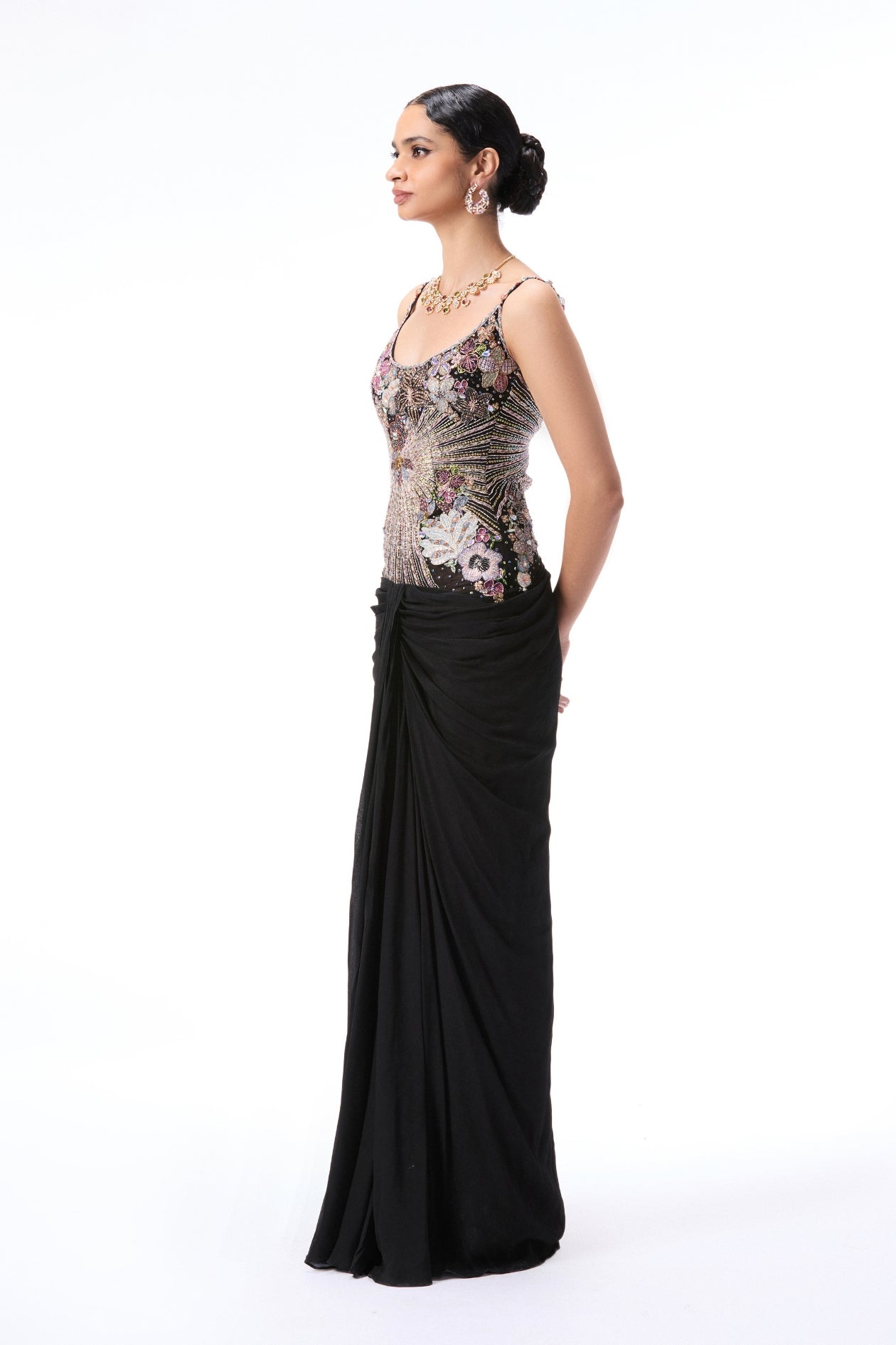 Black chiffon gown featuring applique embellished tulle bodice from Aisha Rao womenswear
