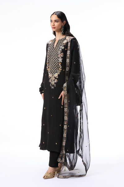 Woman wearing a black embroidered outfit with a sheer dupatta on a white background