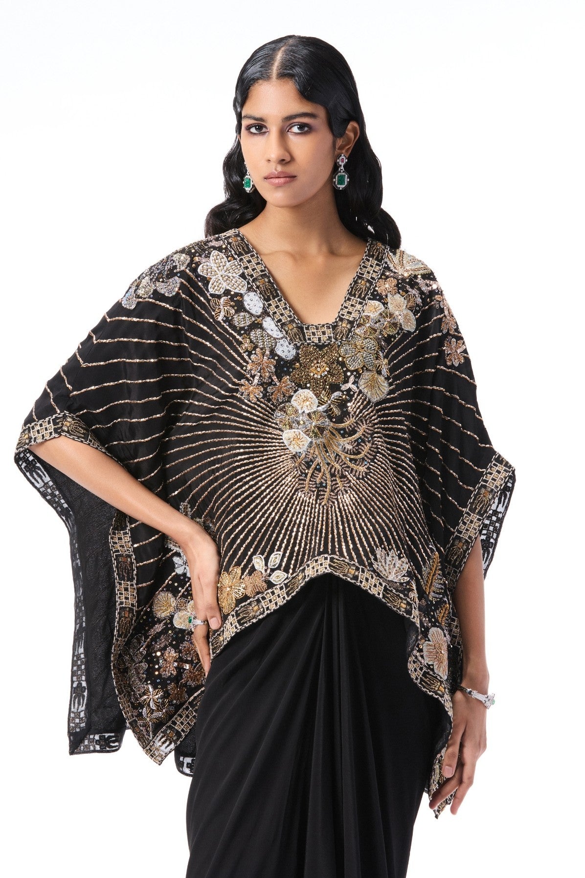 Close-up of detailed applique work on black mulberry crepe tunic set