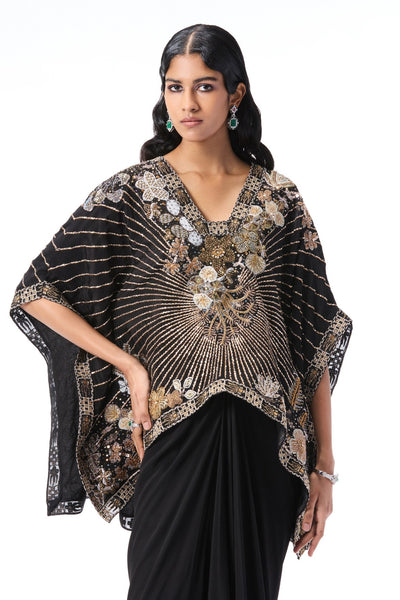 Close-up of detailed applique work on black mulberry crepe tunic set