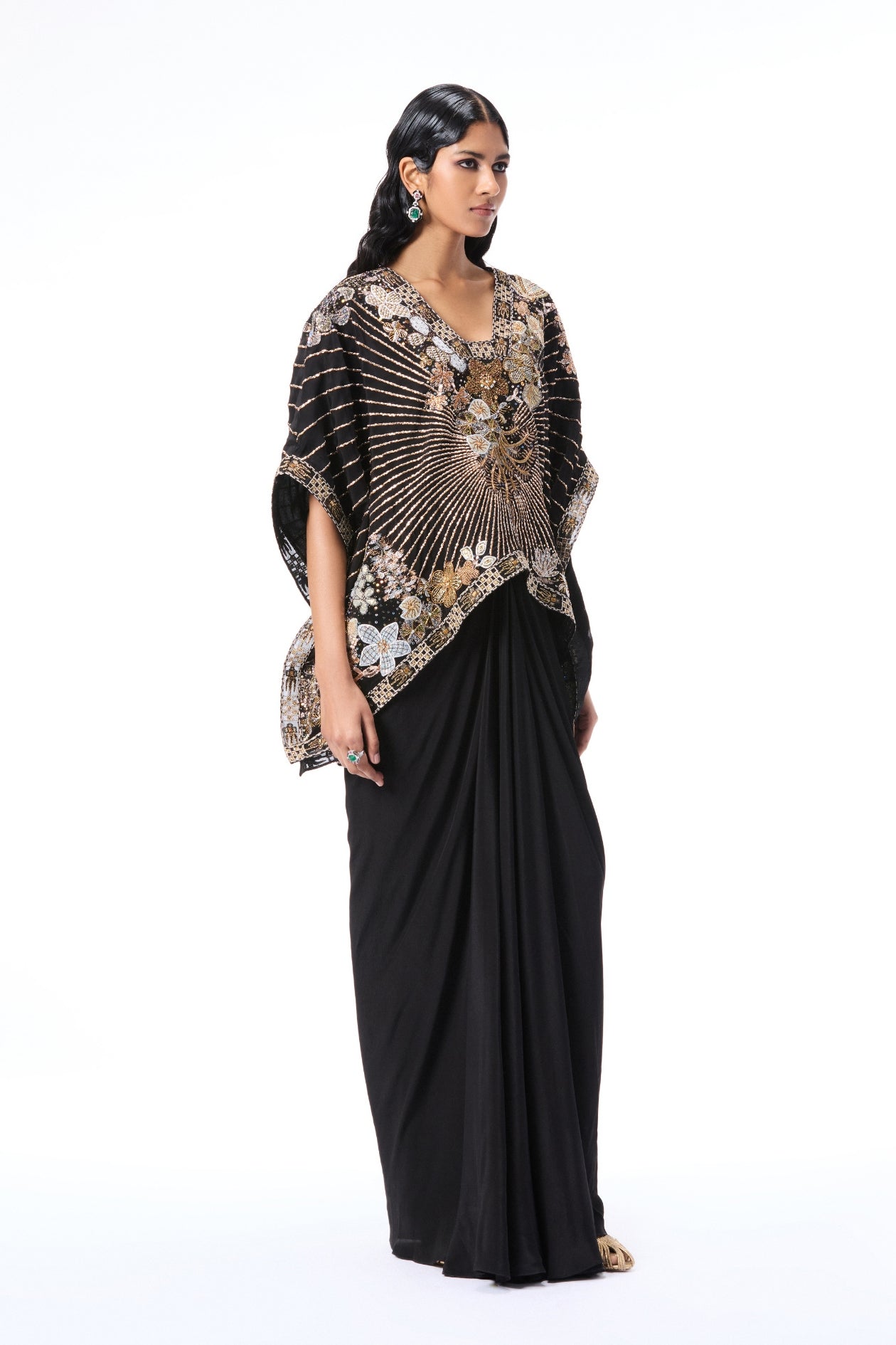 Left side view of black mulberry crepe tunic set with applique embellishment
