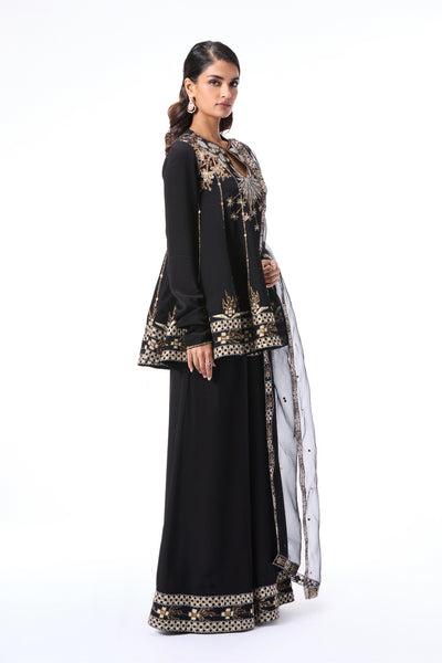 Left side view of black embellished kurta with sharara and dupatta