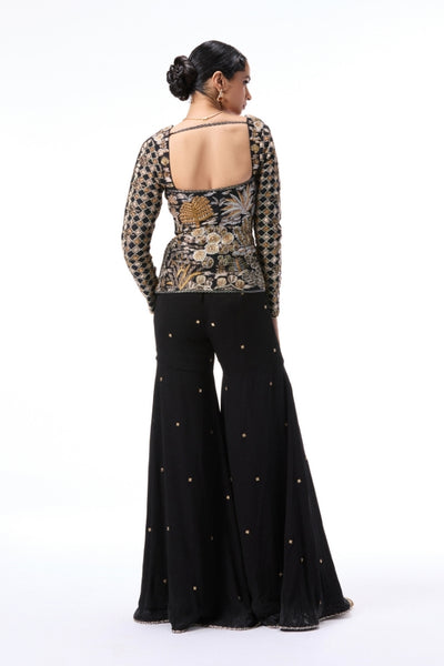 Moonlush - Black raw silk & double georgette gharara