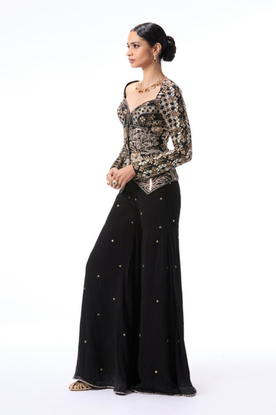 Moonlush - Black raw silk & double georgette gharara
